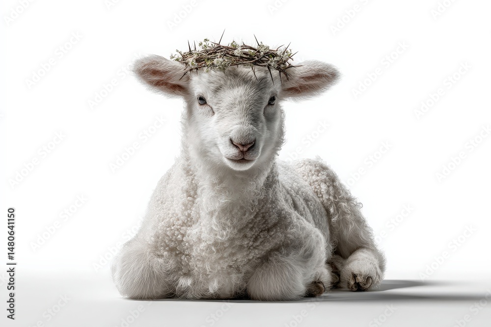 Fototapeta premium Ai image. Lamb with Crown: A serene, youthful lamb, adorned with a delicate crown of thorns, embodies innocence and grace, offering a poignant reflection of faith and devotion.