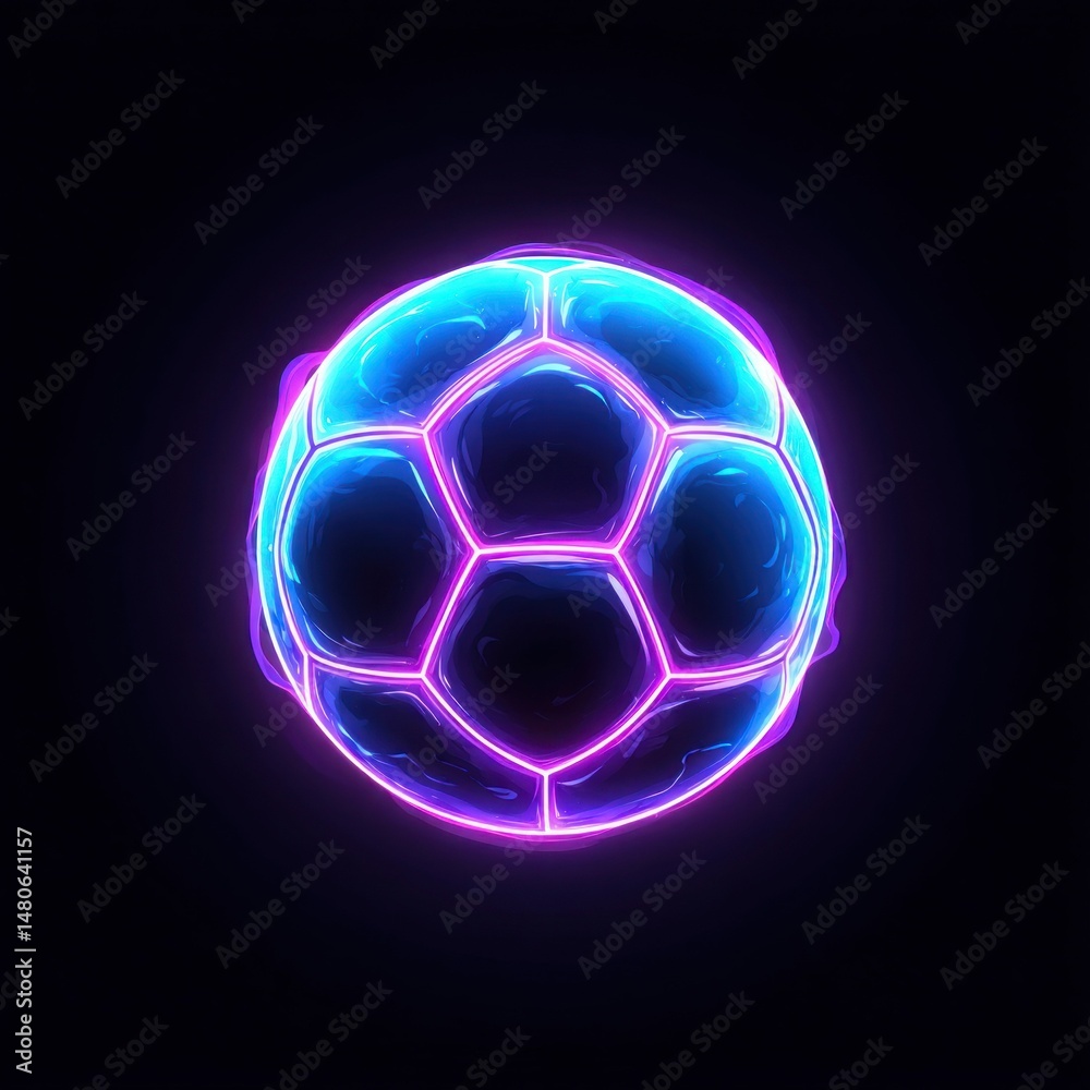 Fototapeta premium A digitally created soccer ball glows with neon light against a dark background, full of energy.