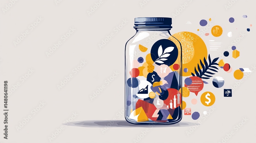 Fototapeta premium Vintage Jar Filled with Shiny Coins - Finance Concept