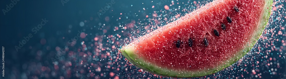 Flying Watermelon Slice with Splash Effect Against a Blue Sky