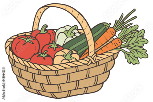 67 vegetable basket, wicker basket, assortment of fresh vegetables, tomatoes, carrots, bell peppers, onions, zucchini, squash, leafy greens, realistic lighting, high detail, photorealistic