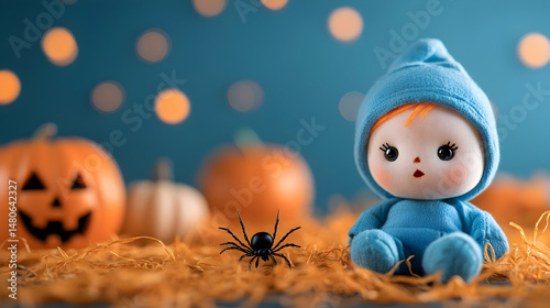 Cute Blue Plush Baby Doll with Pumpkins and Spider for Halloween