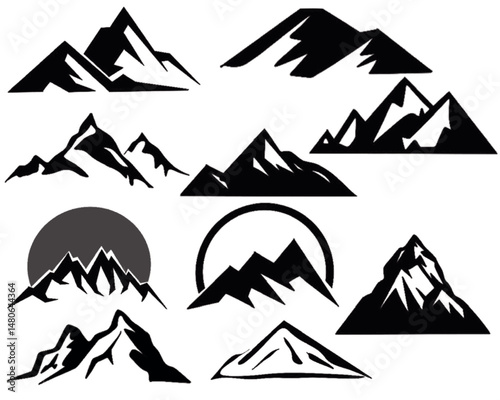 A collection of various black and white mountain and tree silhouettes