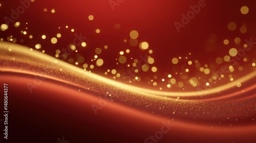 Golden particles flowing over red abstract background