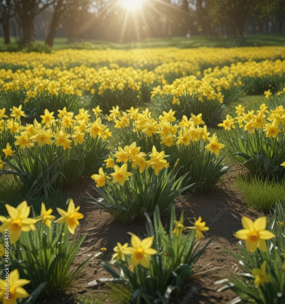 Obraz premium Sunlit daffodils burst forth in vibrant yellow against a verdant field , daytime, flowers