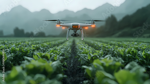 A drone flies over a lush green crop field, capturing data for precision agriculture with mountains in the background.