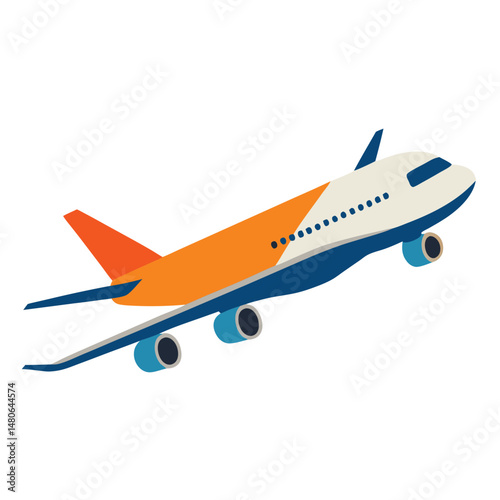 Vector illustration of a commercial airplane in flight against the sky, showcasing air travel and aviation