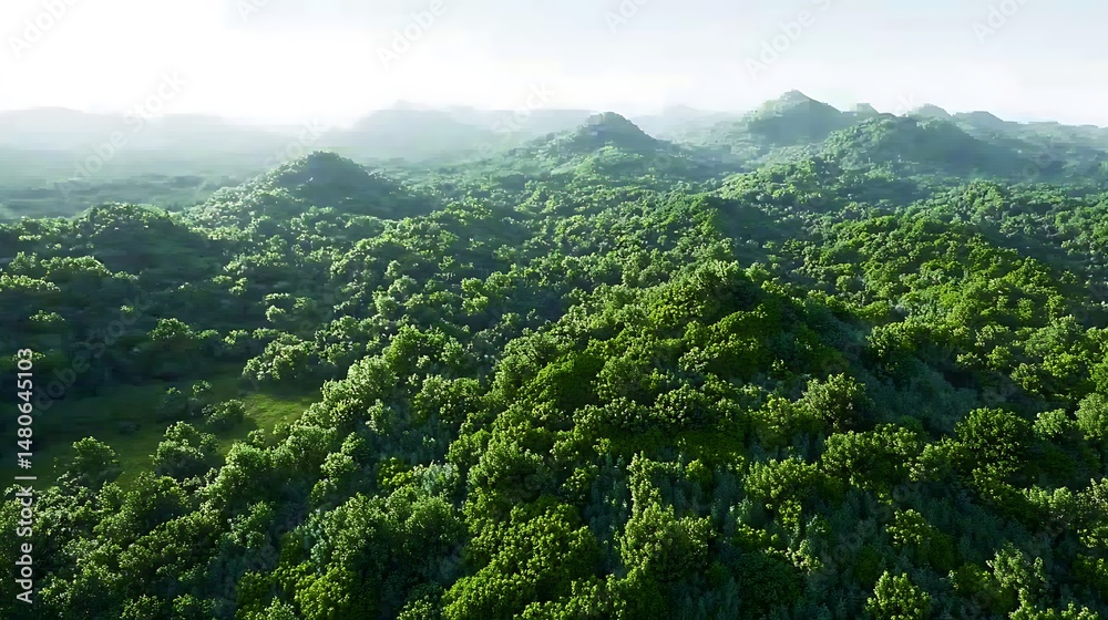 Fototapeta premium Vast Expanses of Lush Green Mountain Ranges Extending Under a Cloudless Sky.