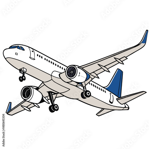 A vector illustration depicts a passenger airplane soaring through the sky, representing air travel