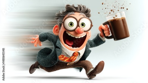 Cartoon office worker running with coffee mug and big smile