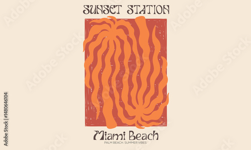 Summer vibes artwork. Sunshine paradise graphic print design. Enjoy beach life. Palm tree with flower. Surf club design. Beach modern abstract art. Ocean abstract wave.