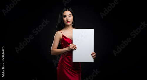 A stylish woman in red dress holding a blank sign mockup	