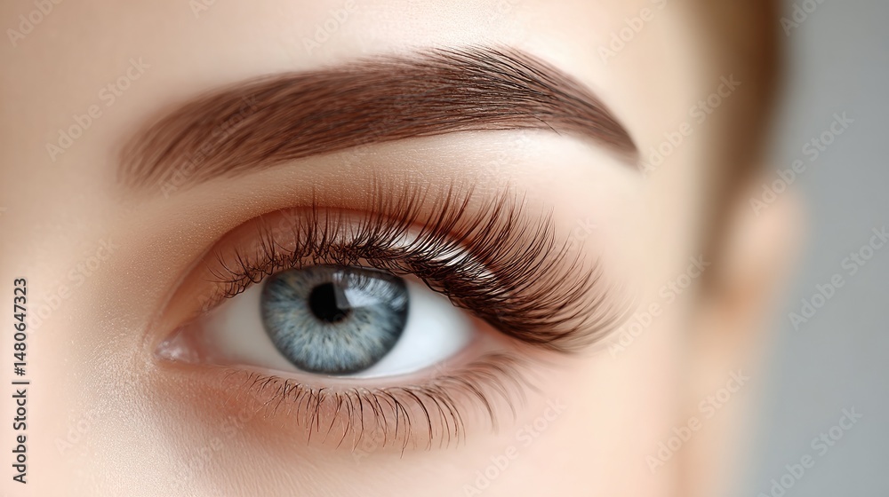 Obraz premium Stunning close-up reveals a woman's striking eyes framed by dark, thick eyebrows and defined lashes, set against flawless skin