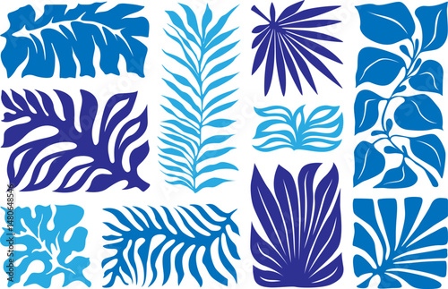Palm leaves and tropical plants painting illustration set. Hand painted Hawaiian print. Summer vacation collection stamps in vintage art style. 