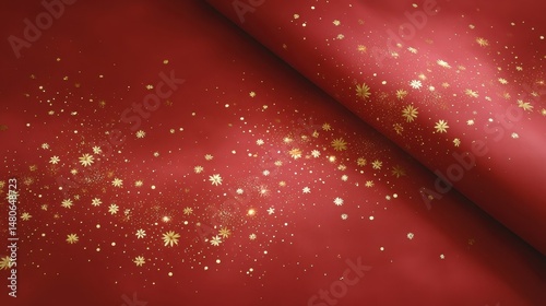 Red christmas wrapping paper with golden snowflakes and glitter decoration