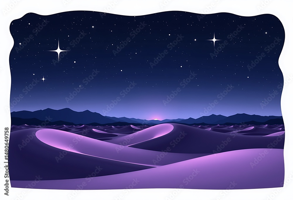 Fototapeta premium Starry Night, Glowing Purple Dunes, Distant Mountains