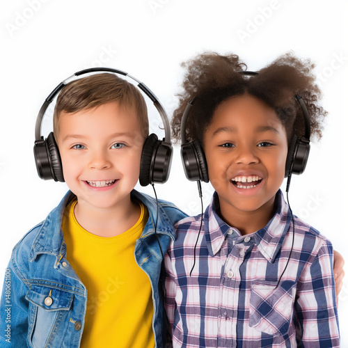 Smiling children listening to music wearing headphones on white background