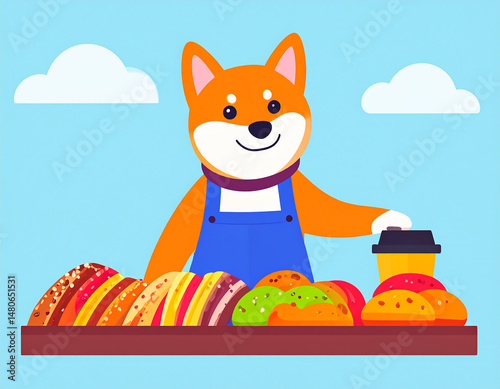 A shiba inu working as a cashier in a small cozy coffee shop, surrounded by pastries 