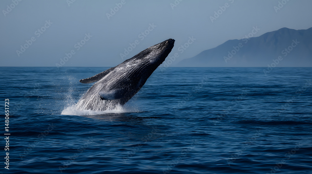 Fototapeta premium Majestic Whale Breach Ocean Giant Leaping From Sea Untamed Marine Beauty Aquatic Spectacle Powerful Whale Display Ocean Depths Marine Life Wonder 
