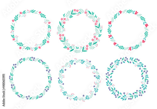 Floral wreaths set. Round frames with hand drawn flowers and leaves. Vector decorative botanical elements collection for wedding prints, postcards and other designs