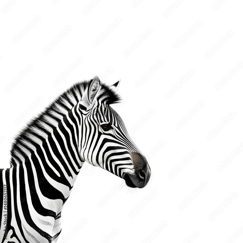 Fototapeta premium Elegant portrait of zebra on a pristine white backdrop, showcasing its uniqueness