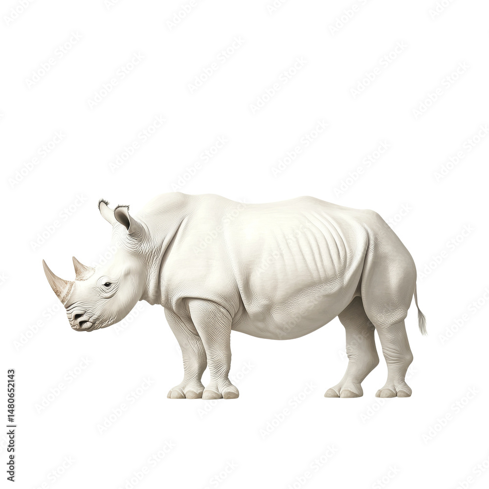 Fototapeta premium Solitary rhinoceros isolated, majestic white pachyderm on a plain background