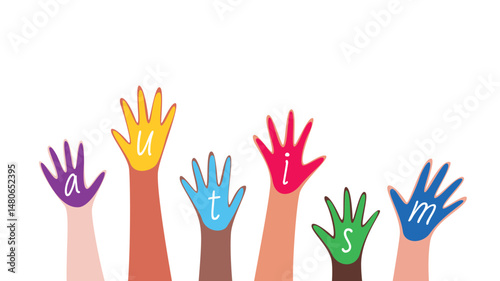 Horizontal banner with lots of hands in paint with a word Autism. Vector illustration of an event web banner design