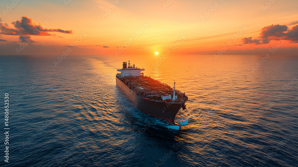 Fototapeta premium A large tanker ship sails across a calm ocean at sunset, leaving a wake behind it