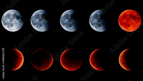 Celestial Dance: A dramatic display of lunar phases unfolds against a stark night sky, depicting the captivating evolution from the pale glow of the moon to the fiery embrace of a lunar eclipse.
