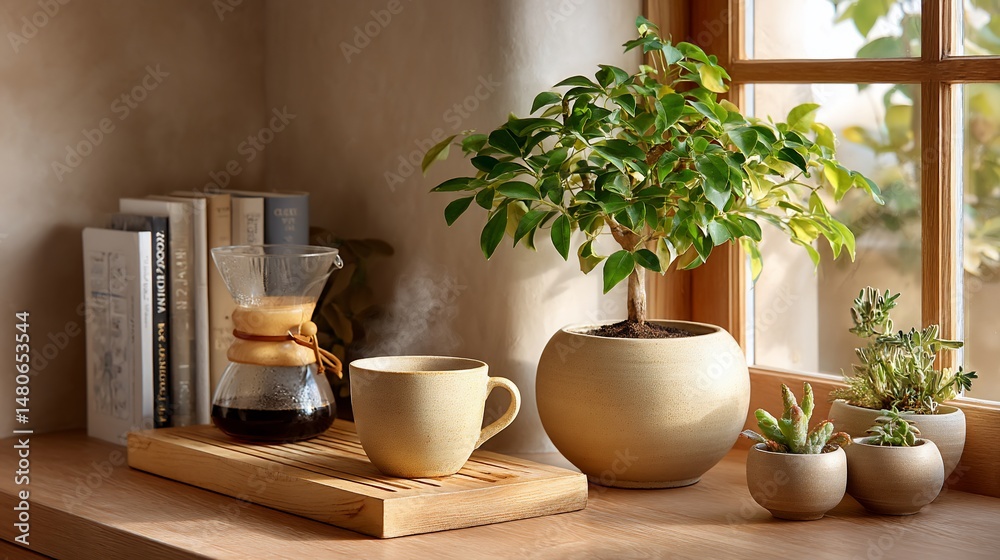 Fototapeta premium Sunny morning brew amid houseplants tranquility