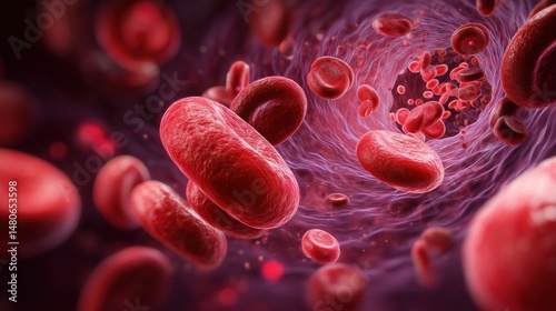 World Sickle Cell Day. Medical illustration showing the comparison between healthy and sickle-shaped red blood cells flowing through a blood vessel