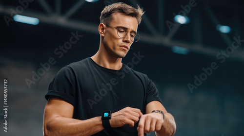 Athletic man in glasses checks fitness tracker. Indoor gym background, black tee