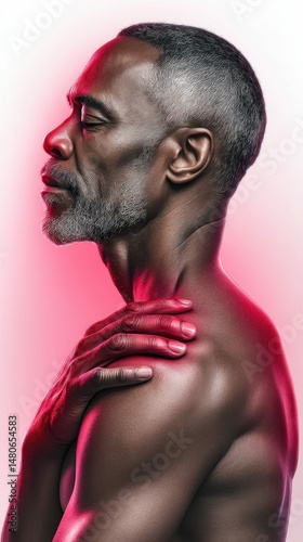 A close up of a Black man touching his shoulder in pain against a pink background.