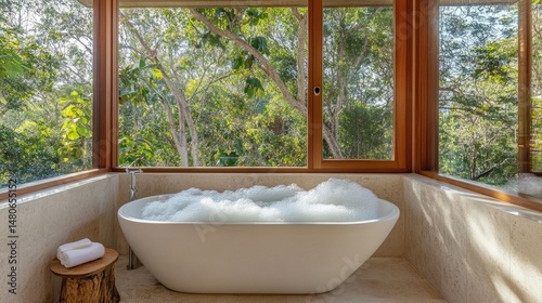 Freestanding white bathtub filled with bubbles in a minimalistic bathroom with large windows and natural light pouring in