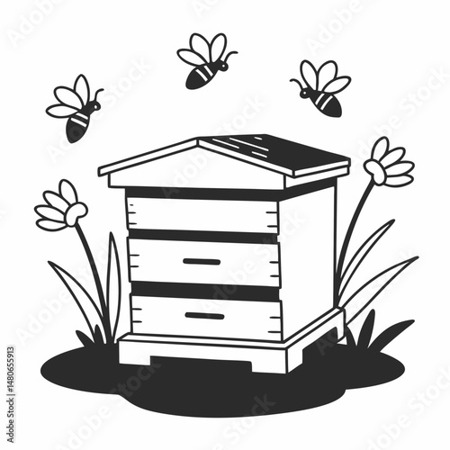 Beehive Line Art with Flying Bees and Flowers