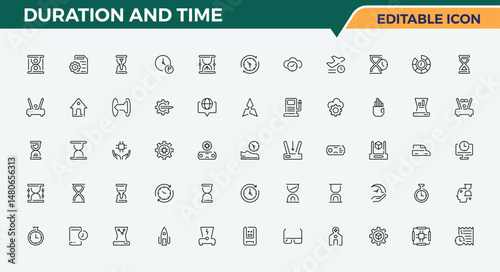Duration And Time icon. Included hourglass, calendar, timetable, sandglass, schedule and more. Duration line icon set. Minimal icons set. Editable vector art and illustration.