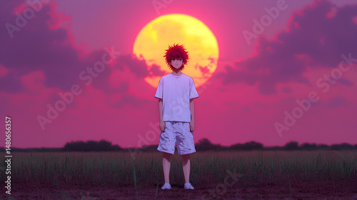 Pixel Art Boy Silhouette at Sunset in a Field