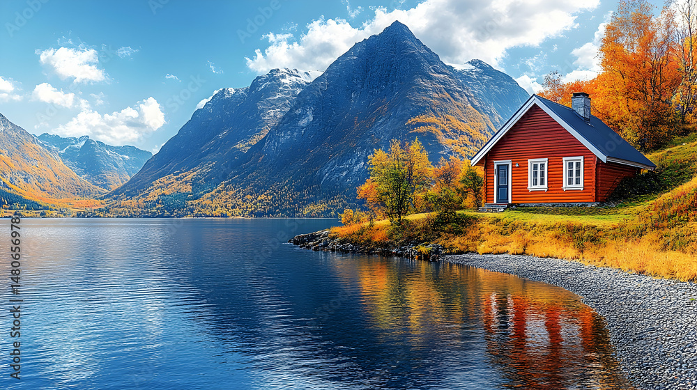 Fototapeta premium Serene autumn scene red cabin by a calm lake, mountains and colorful foliage