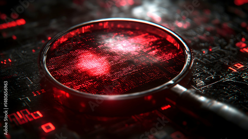 A magnifying glass reveals red, glowing code on a dark circuit board, suggesting digital investigation or cybersecurity threat