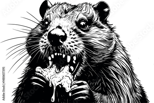 Wild angry beaver engraving-style vector illustration