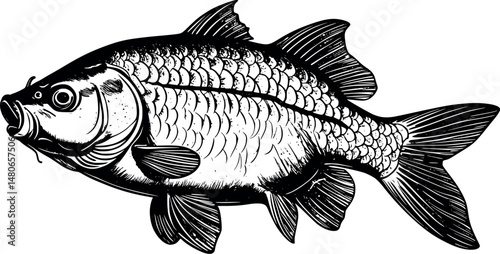 Hand-drawn carp fish engraving illustration on white background