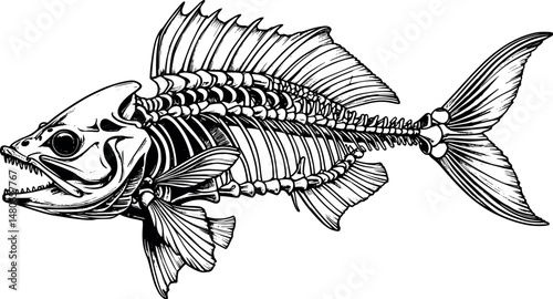 Engraved fish skeleton anatomy in vintage textbook style on white