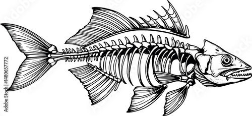 Engraved fish skeleton anatomy in vintage textbook style on white
