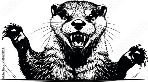 Rabid otter in aggressive pose vector engraving style