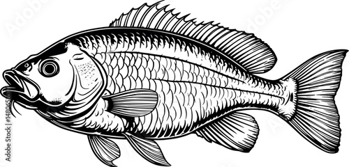Tilapia fish engraving in antique line style white background