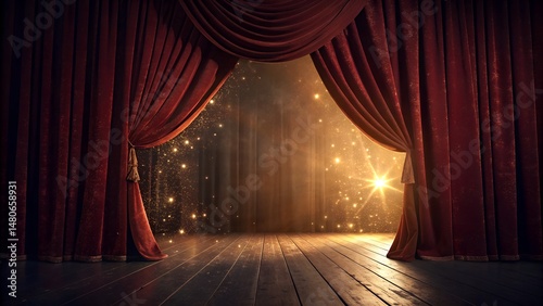 Majestic Red Velvet Curtains Open to Reveal a Sparkling Stage