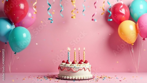 Festive birthday decorations including balloons, streamers, and a cake , birthday, holiday