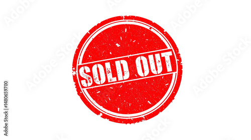 Red grunge stamp, SOLD OUT, circular, distressed, textured, bold lettering white text isolated on transparent background 
