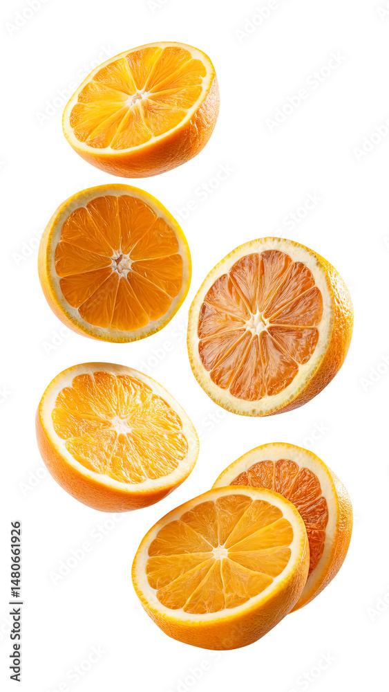 Fototapeta premium flying orange and half slices isolated on transparent background Remove png, Clipping Path