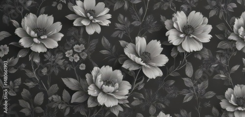 Subtle charcoal floral wallpaper, delicate botanical print  , art, background, charcoal